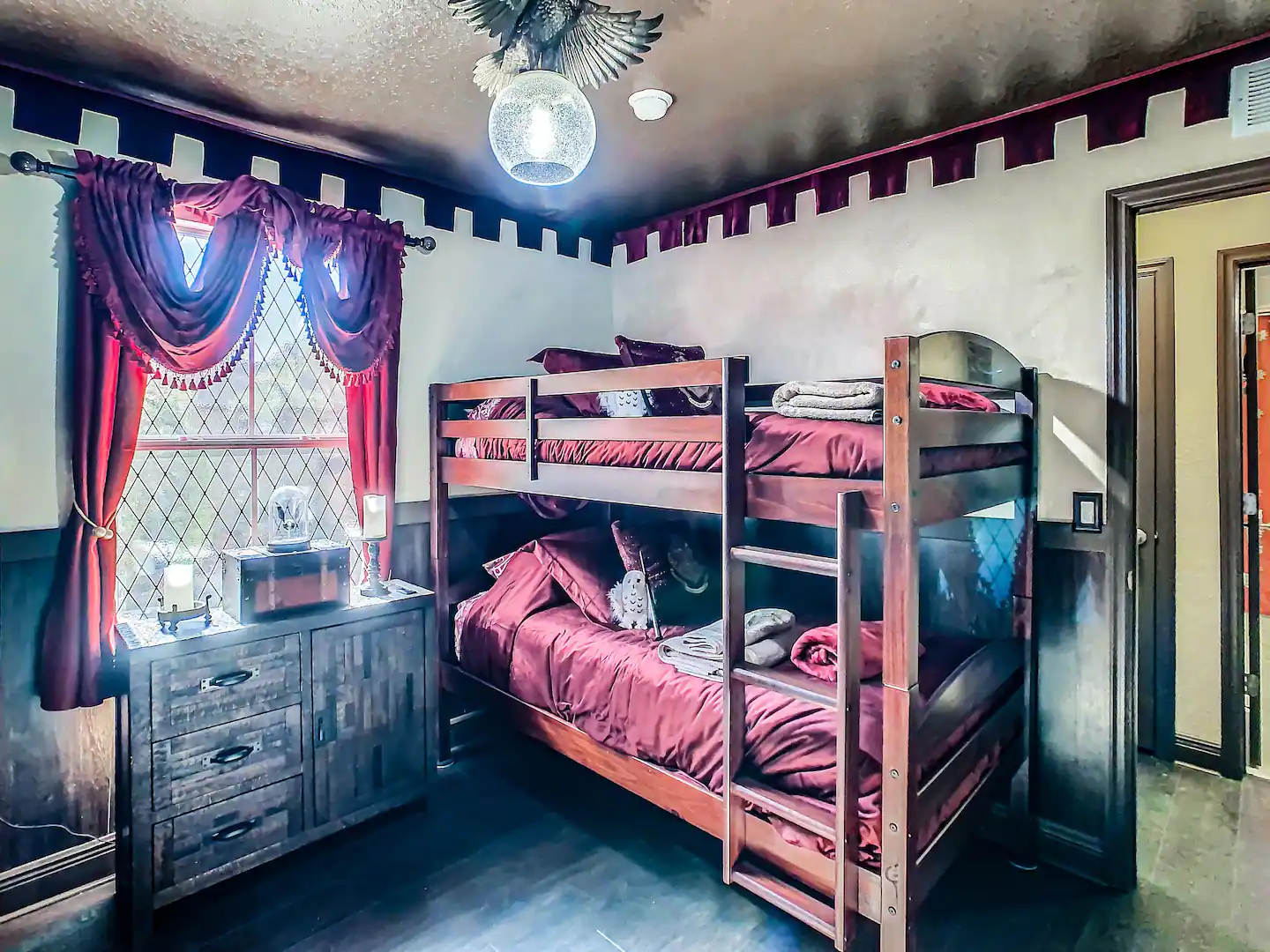 For our young guests, there are Harry Potter toys to play with, books to read, their own giant television, and even a snitch nightlight inside the Gryffindor bedroom!