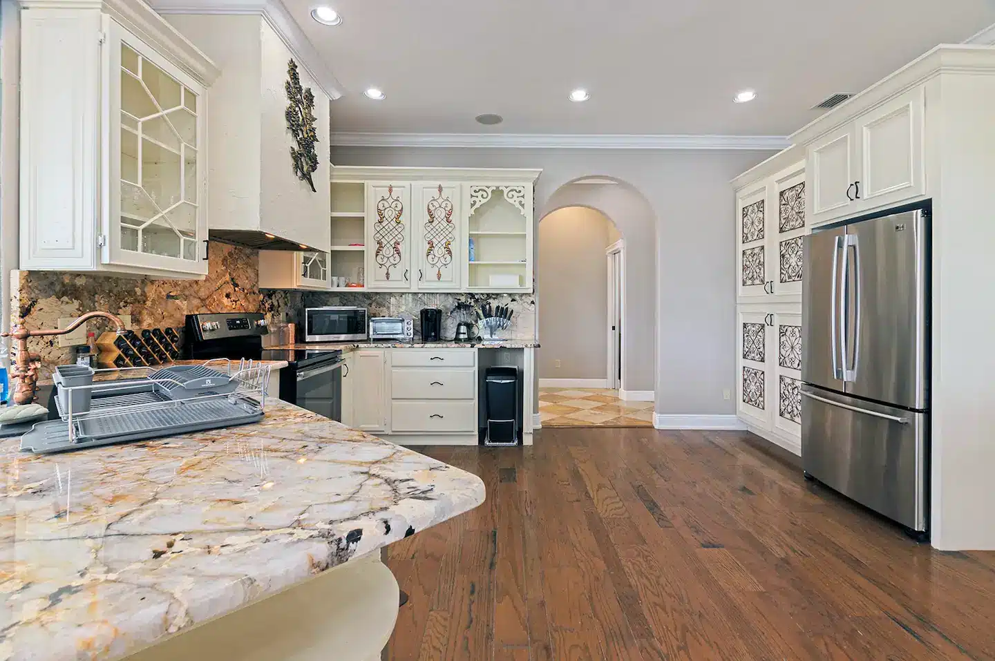 Exotic Natural Stone Kitchen area with plenty of seating.
