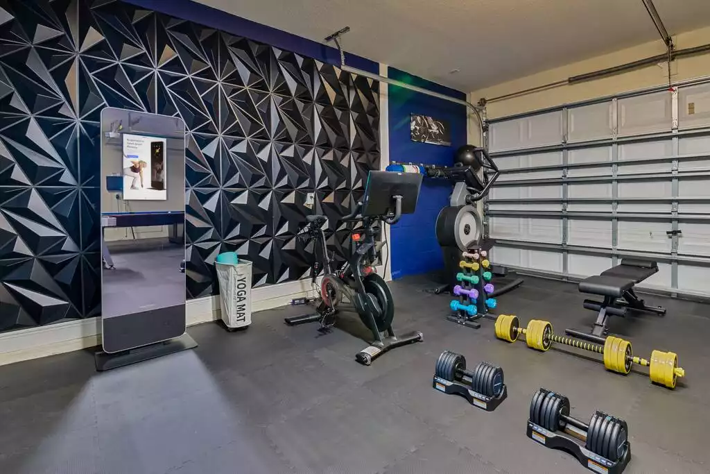 Gym - Peloton, Workout Mirror, bench, adjustable weights, adjustable dumbbell bar, yoga mats, yoga balls