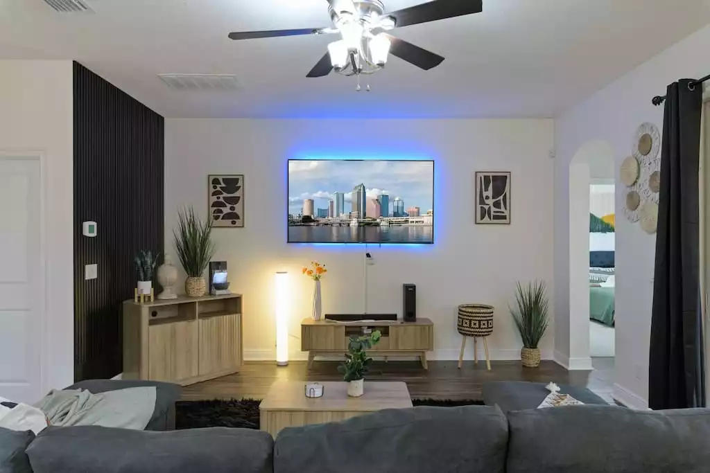Sectional couch, 75” Smart TV with Disney+/Netflix/Amazon Prime/Hulu/HBO+