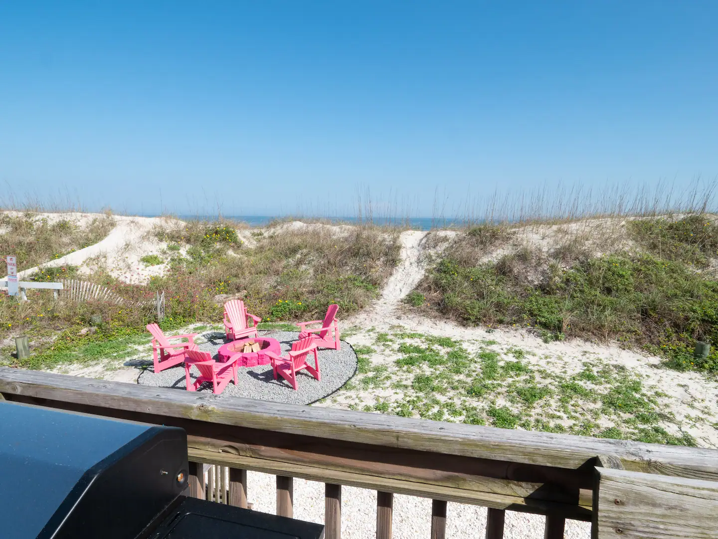 Grill, fire pit, private beach access view.