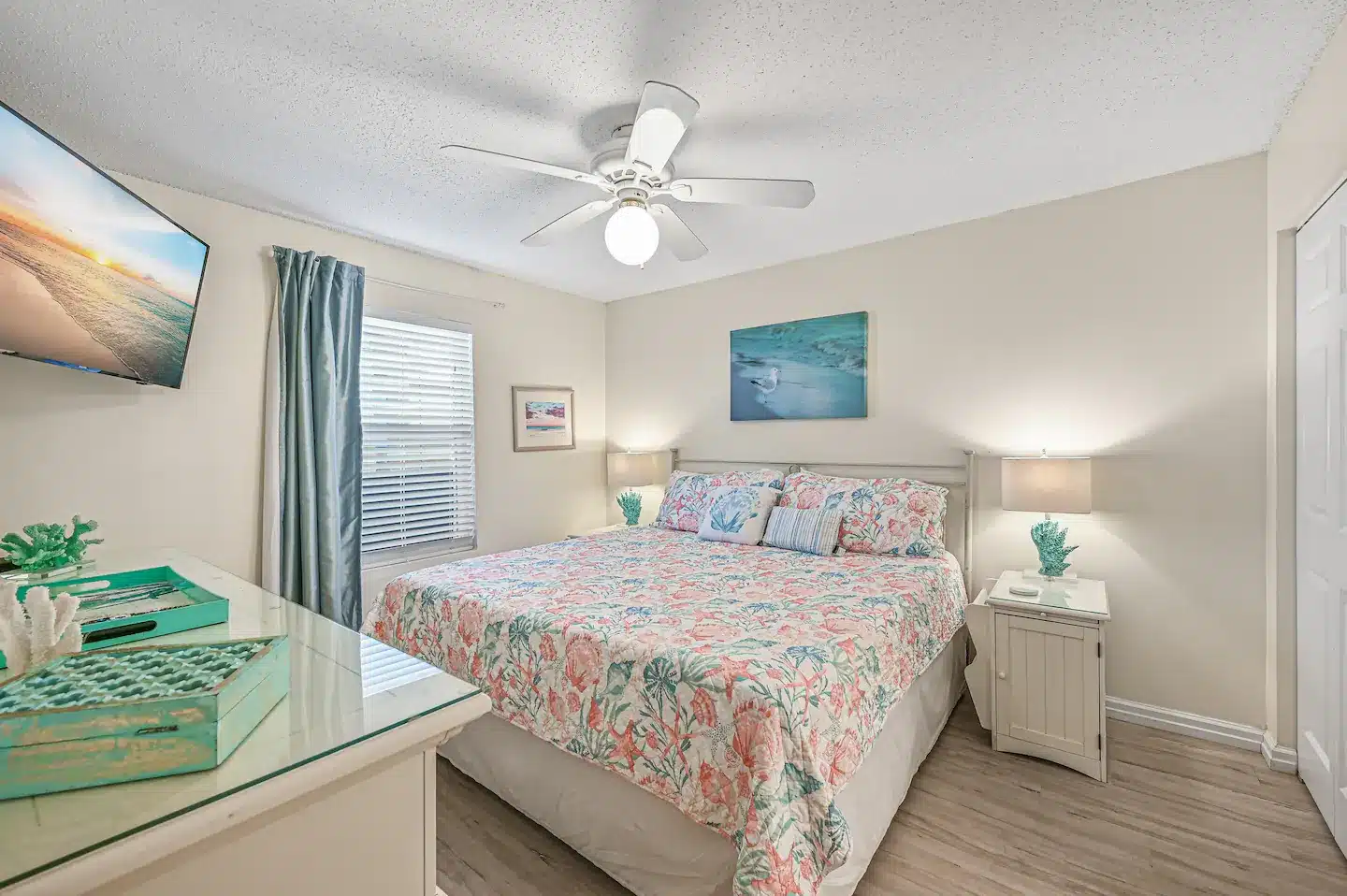 Delightfully decorated, stylish and beachy bedroom with king-size bed.