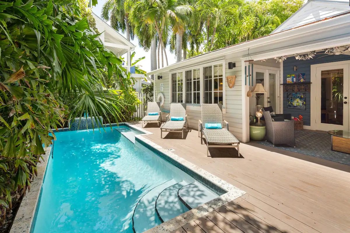 The 21' long heat optional pool features benches on each side for relaxing a little longer