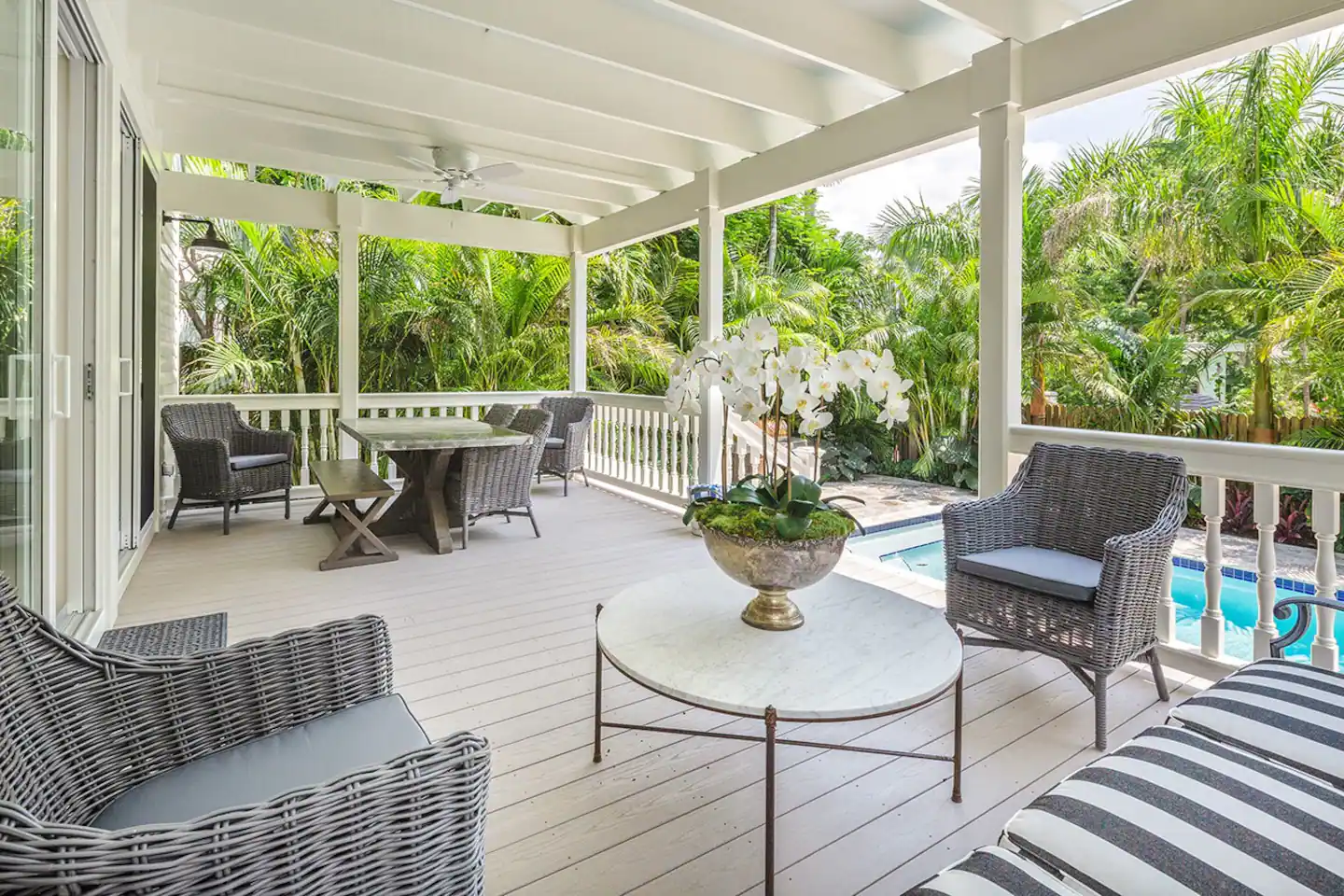 Step outside onto the spacious, comfortably furnished covered deck.